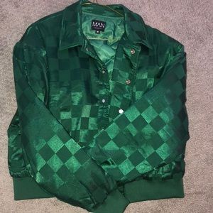 Shiny green checkered crop bomber jacket